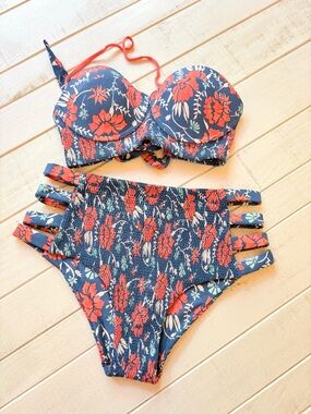 Tori Praver Swimwear Navy Blue Floral Print Bikini/Suit
